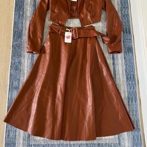 Brown Faux Leather Skirt and Jacket Set